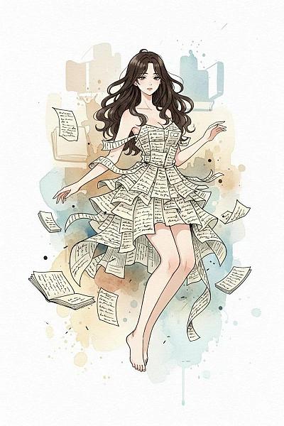 纸页幻化裙裳的诗意浮空少女插画