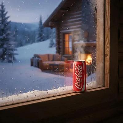 冬日木屋窗边可乐罐，雪景暖光，超现实商业摄影
