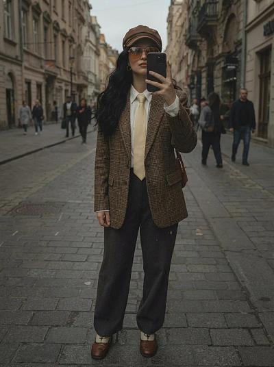 秋日街拍：复古男装风女性穿搭镜前自拍