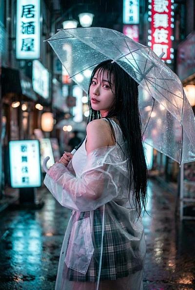 雨夜霓虹街拍：透明雨伞下的日系少女写真