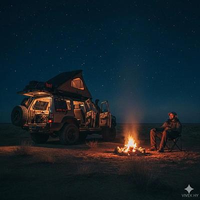 星空下的越野露营夜景