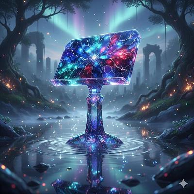 水晶谱架立于水畔，星辉脉络交织，幻境神秘璀璨。