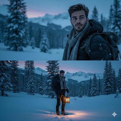 雪夜持灯男子 cinematic 冬日肖像