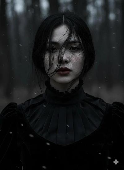 哥特式神秘女性肖像：暗夜森林中的诗意魔女
