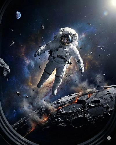 宇航员漂浮月表裂隙之上