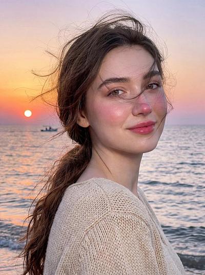 海边日落下的温柔少女写真
