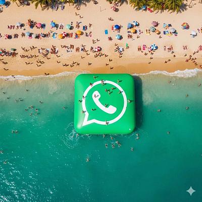 巨型社交App图标漂浮海滩，人群嬉戏，夏日广告大片