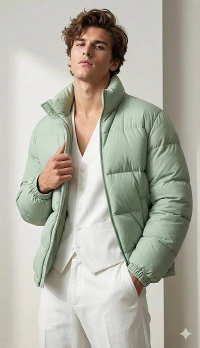 时尚男模展示薄荷绿羽绒服造型