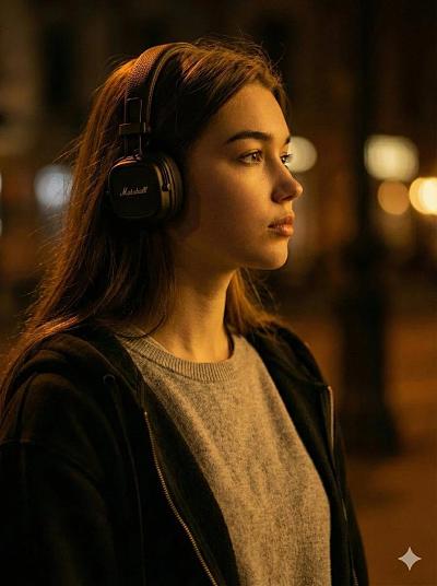 夜色中沉思的耳机少女