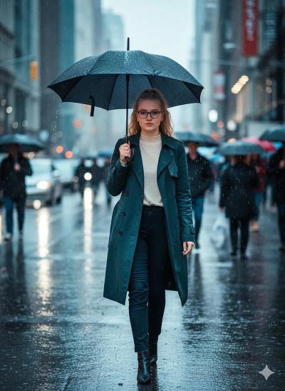雨中都市女性街拍：优雅自信，电影质感