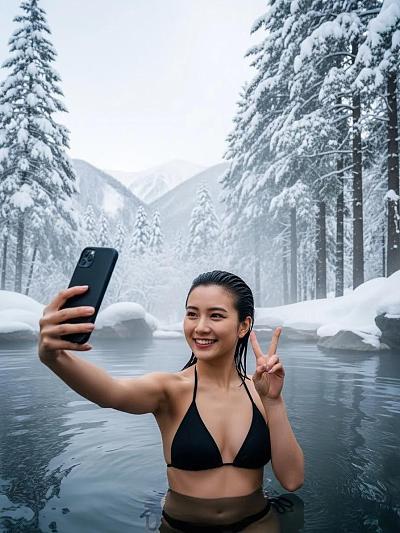 雪中温泉自拍，日系网红打卡风