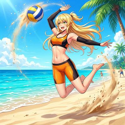 海滩排球少女跃起扣杀瞬间