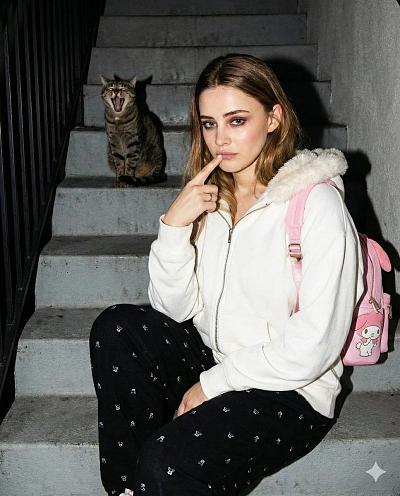 楼梯夜拍少女与打哈欠猫咪的潮流街拍