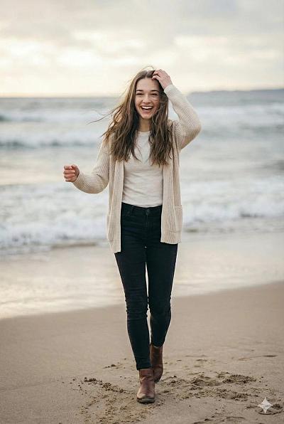 冬日海滩少女写真：温暖光影下的自然优雅姿态
