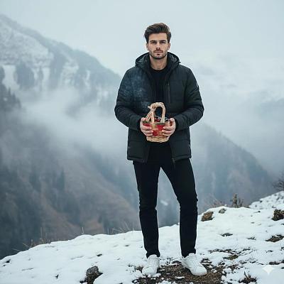 雪山之巅，男子持篮凝视，冷峻氛围感大片