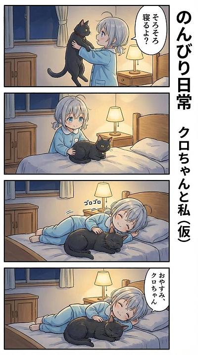银发少女与黑猫的温馨睡前日常