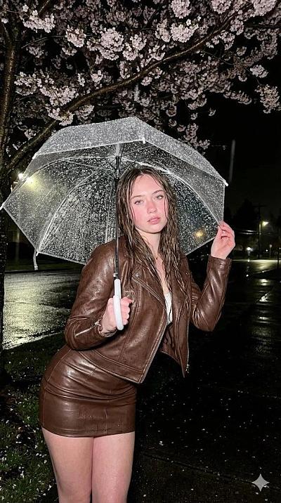 雨夜樱花下湿发女子的高对比时尚写真