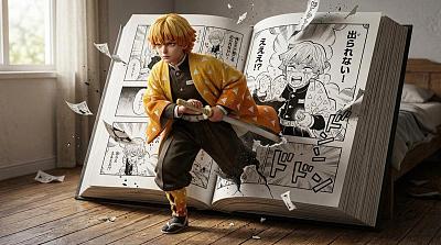漫画角色破书而出的超现实场景