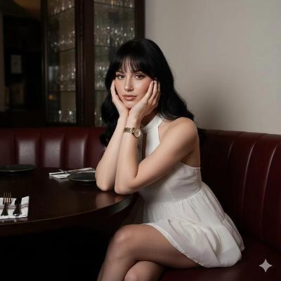 优雅餐厅中白裙女子沉思凝视镜头