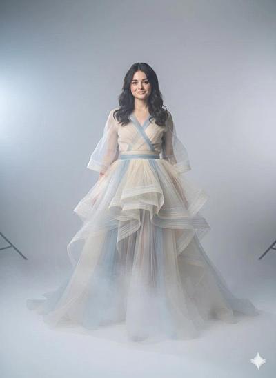 梦幻高定礼服人像：雾中缓步微笑女性