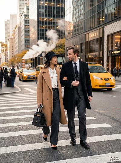 纽约街头时尚情侣漫步，奢华穿搭尽显都市魅力