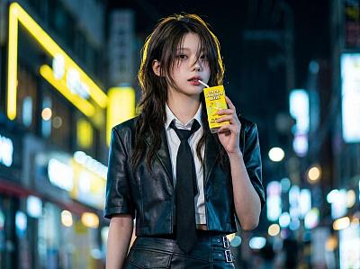 赛博朋克少女夜街喝香蕉奶