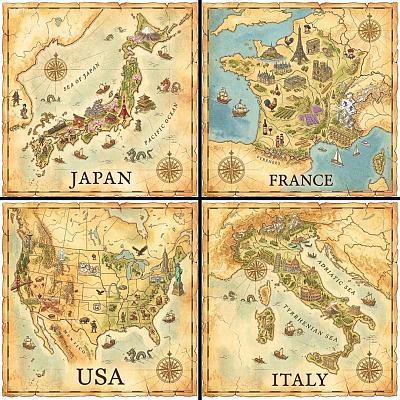 复古风格国家地标地图插画