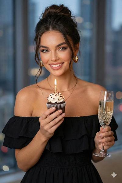 优雅女性手持生日纸杯蛋糕与香槟庆祝特写