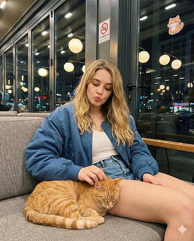 少女在咖啡馆轻抚橘猫，俏皮嘟嘴，温馨夜景。