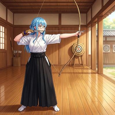 女性弓道着姿，竹林静立，细腻质感，柔光神秘