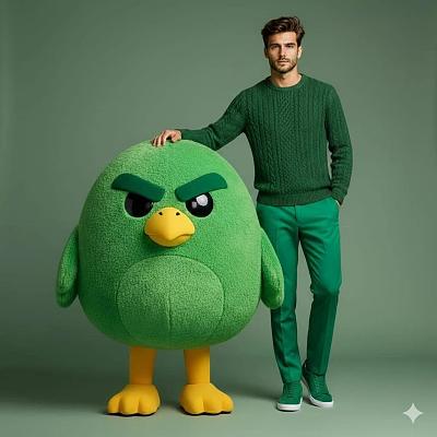 绿衣男模与巨型绿色卡通鸟玩偶的时尚写真
