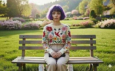 紫发少女花园静坐，花鸟毛衣映春光