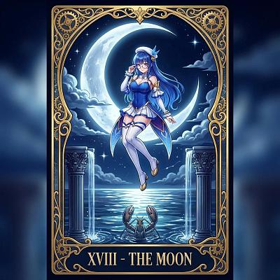 月之塔罗牌：蓝发少女与神秘夜景