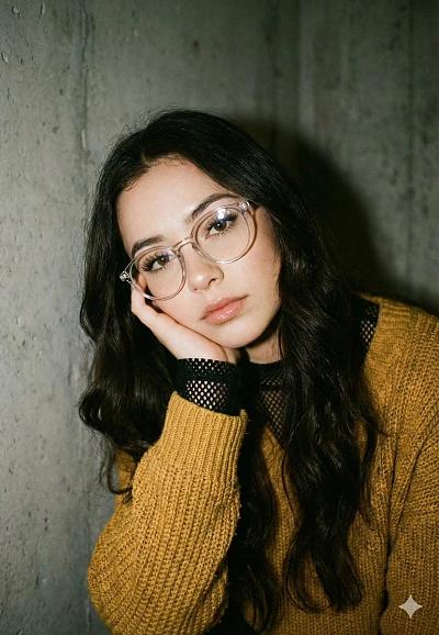 芥末黄毛衣少女写真，复古眼镜与混凝土背景营造慵懒时尚氛围