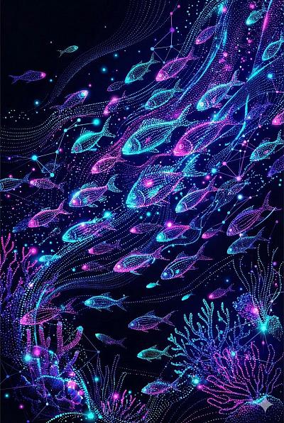 霓虹点彩未来鱼群数字艺术