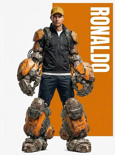 超写实未来战士肖像：Ronaldo身着机械外骨骼，展现力量与
