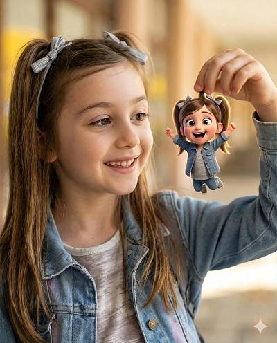 现实女孩与 Pixar 小动画人偶温馨互动肖像