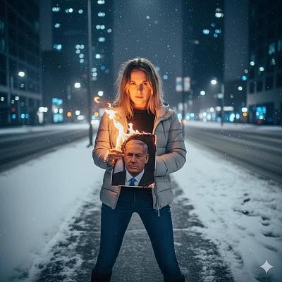 雪夜街头，女子焚照抗权，火焰映脸，冷暖交织，象征反抗与不屈。