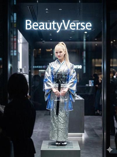 未来感和服造型展示于BeautyVerse橱窗中