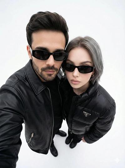 高街时尚情侣写真，极简黑白造型，俯拍视角