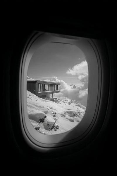 飞机舷窗视角下的雪山现代建筑黑白影像