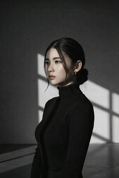 高对比黑白人像，光影塑造冷艳气质