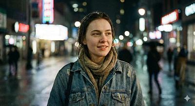 夜雨街头少女写真，电影质感，真实自然