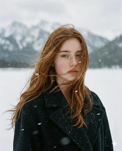 雪中红发女子的诗意电影肖像