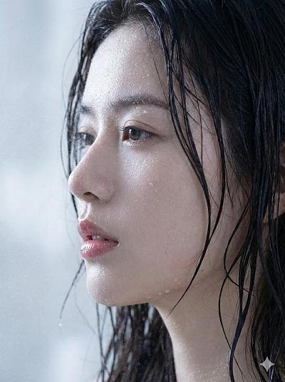 湿发女性侧脸特写，高清皮肤质感与水珠细节