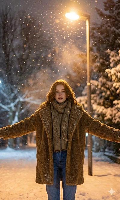 雪夜路灯下，女子张开双臂拥抱飘雪，温暖光影与真实质感交织。