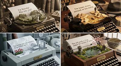打字机上的诗意三维景观创作