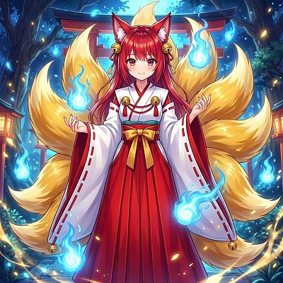九尾狐女性化神秘美姿背景满月樱花