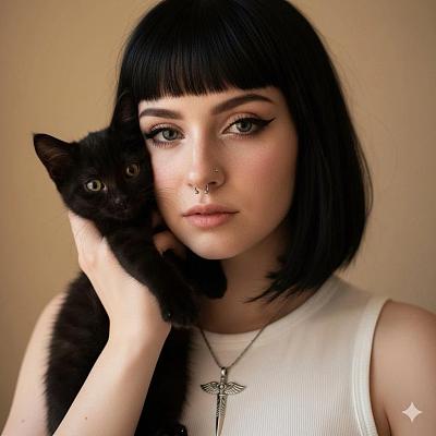 黑发少女抱黑猫的暗调人像写真