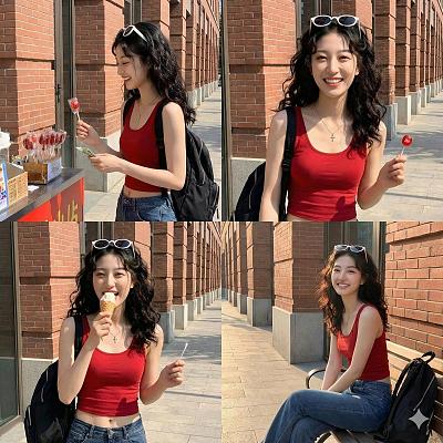 红衣少女街拍四格写真